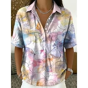 New Year Women's Shirt Buttons Print Floral Graphic Vintage Daily Stylish Short Sleeve Turndown Crop Tops Casual Daily Holiday Khaki Pink Green Summer Spring