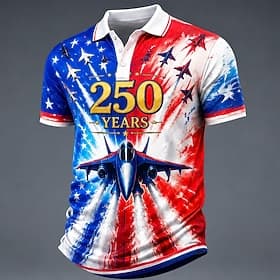 4th of July 2026 250th Men's American US Flag Polo Shirts Short Sleeve Polo Shirts Lapel Casual Athleisure 3D Print Buttons Breathable Mesh Spring  Summer Blue