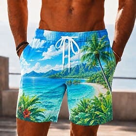 Herren Kokospalme Tropische Pflanzen Meereswellen Badehosen Badeanzüge Badeshorts Boardshorts Mittlere Taille Hawaiianisch Täglich Strandurlaub Seitentaschen N thumbnail 2