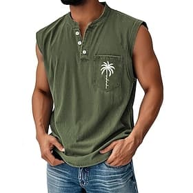 Homens Camisa 100% algodão com lavagem ácida camisa sem manga Sem Manga Henley Verão Côr Sólida Coco Casual Tingimento em peça Desaparecido Lavagem vintage Diá thumbnail 2