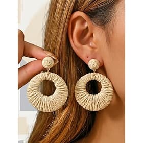 Women's Large Circular Woven Raffia Earrings, Lightweight Handmade Bohemian Summer Jewelry, Colorful and Neutral Options for Casual and Vacation Looks