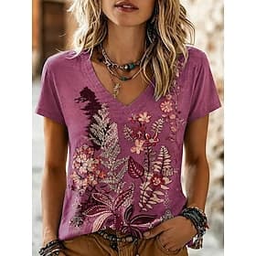 Femmes T-shirt Imprimé Fleuri Graphique Tribal Élégant Classique Occasionnel Manche Courte Col en V Hauts Réguliers Occasionnel Quotidien Rouge Été Printemps