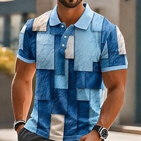 Men's Color Block Geometic Polo Shirts Short Sleeve Polo Shirts Collared Shirts Casual Athleisure 3D Print Buttons Breathable Mesh Summer Spring Blue Purple Gr