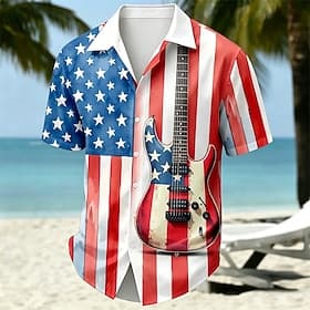 4 luglio 2026 250° Per uomo Chitarra Bandiera Americana Camicia Camicia Estiva Camicia con Bottoni Manica Corta Patriotico All'aperto Festival Estate Primavera