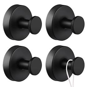 Matte Black Adhesive Towel Hooks 4 Pack, Heavy Duty Stainless Steel Robe Hooks for Bathroom Wall, No Drill Waterproof Wall Hooks for Hanging Coats, Hats, Bags,