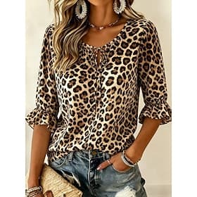 Women's Shirt Pullover Graphic Leopard Bohemia Vacation Vintage Long Sleeve Crew Neck V Neck Square Neck Regular Tops Casual Daily Holiday Brown Summer Spring
