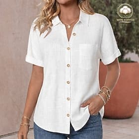 Camisa de mujer 100% algodón de lino camisa de playa camisa abotonada camiseta de parcheo con bolsillo de color sólido simple vacaciones moda casual de manga c
