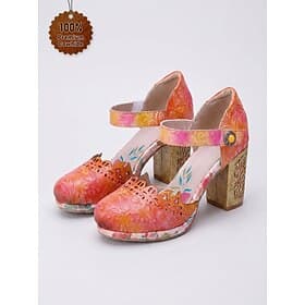Women's Boho Genuine Leather Mary Janes - Vintage Floral Embossed Chunky Heel Shoes with Ankle Strap for Outdoor Resort, Country Holiday Travel