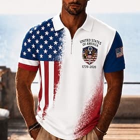 4 juillet 2026, 250e anniversaire Homme Drapeau Américain Polos à zip Manche Courte Polos Chemises à Col Occasionnel Tenue de soirée Vêtements de festival Impr