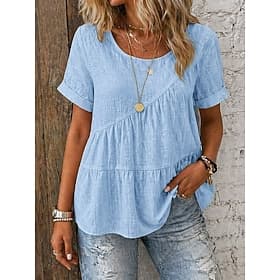 Femmes T-shirt Chemisier Haut en Coton Blanc À Étages Uni Élégant Bohème Classique Manche Courte Col rond Hauts Réguliers Occasionnel Quotidien Plage Bleu Noir