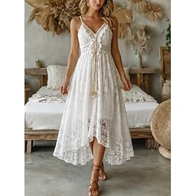 Femmes Robe Midi Robe en Dentelle Robe Blanche Élégant Mode Plage Vacances Coupe régulière Fleuri Sans manches Col en V Blanche Abricot Été Printemps