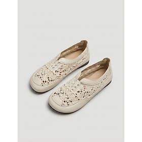 Women's Beige Crochet Slip On Flats - Wide Fit Comfort Shoes, Breathable Casual Footwear for Summer Daily Wear, Walking  Travel
