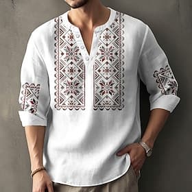 Men's Geometric Pattern Ethnic Shirt Henley Shirt Tunic Shirts Long Sleeve Vintage Retro Daily Beach Vacation Wear Summer Spring V Neck Button Up 3D Print Line