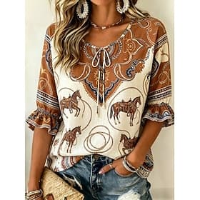 Women's Shirt Graphic Geometric Paisley Bohemia Vacation Vintage Long Sleeve V Neck Regular Tops Casual Daily Holiday Khaki Summer Spring