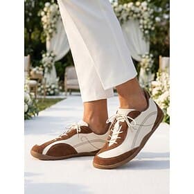Men's Brown and White Casual Dress Sneakers - Lightweight Lace-Up Comfort Shoes - Smart Gentleman Footwear for Garden Weddings, Outdoor Ceremonies and Elegant