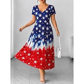 Giorno dell'Indipendenza Americana Per donna Abito Midi Vestito Casual Elegante Vacanza Ferie Vestibilità regolare Grafico Bandiera Manica Corta Scollo a V Blu
