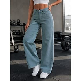 Damen Jeans Weites Bein Chinos Baggy-Hosen Mode Volle Länge Hohe Taille Schwarz Hellblau Grau Frühling thumbnail 2