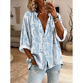 Women's Shirt Buttons Print Floral Graphic Vintage Daily Stylish Long Sleeve Crew Neck Regular Tops Casual Daily Blue White Green Summer Spring
