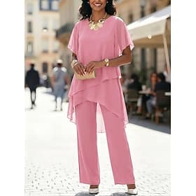 Women's Two Piece Sets Chiffon Blouse Short Sleeve Crew Neck Plain Basic Casual Daily Vacation Pink Dusty Rose Navy Blue Summer Regular Fit