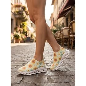 Women's Sunflower Print Resort Garden Slip-On Sneakers - Lightweight Comfort Walking Shoes with Shock Absorption Sole for Resort, European Town Vacation, Cruis