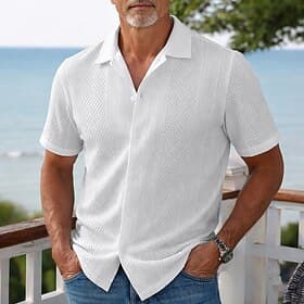 Men Shirt Texture Button Down Shirt Jacquard Shirt White Short Sleeve Lapel Casual Daily Jacquard Clothing Apparel Bohemia Streetwear Casual
