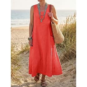 Women's Midi Dress Cotton Linen Dresses Shift Dress Sundress Tank Dress Elegant Fashion Modern Daily Outdoor Vacation Loose Fit Plain Sleeveless U Neck White P