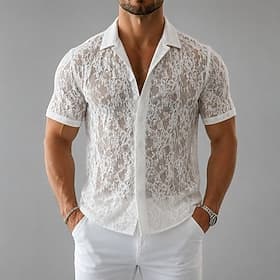Hommes Chemise Chemise Décontractée Chemise Boutonnée Chemise jacquard Blanche Manche Courte Floral Col de chemise Occasionnel Quotidien Dentelle Vêtement Tenu