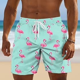 Men's Animal Flamingo Swim Trunks Bathing Suits Swim Shorts Board Shorts Mid Waist Hawaiian Daily Beach Vacation Wear Side Pockets Mesh Lining Elastic Drawstri