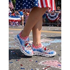 Women's Blue Pink USA Patriotic Slip-On Sneakers – Lightweight Floral Tie Dye Walking Shoes with Shock Absorption Sole for Holiday Streetwear, Independence Day