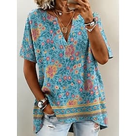 Women's Shirt Buttons Print Floral Graphic Stylish Classic Casual Short Sleeve V Neck Long Tops Casual Daily Going out Blue Pink Sky Blue Purple Summer Spring