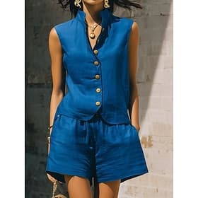 Women's Shorts Sets Sleeveless V Neck Solid Color Fashion Streetwear Casual Daily Outdoor Blue Black White Summer Regular Fit