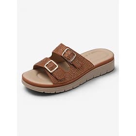 Women's Brown Rhinestone Double Buckle Slide Sandals – Sparkly Comfort Summer Slippers with Soft Cushioned Footbed for Swollen Feet Wear, Vacation  Everyday Ca
