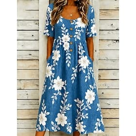 Women's Midi Dress Sundress Casual Dress A Line Dress Summer Dress Vacation Casual Beach Beach Holiday Regular Fit Floral Graphic Short Sleeve V Neck Scoop Nec