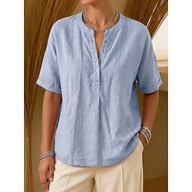 Mujer Camiseta Henley Shirt Tee Graphic Plano Elegante Moda Manga Corta Henley Tops largos Casual Bleu Ciel Negro Blanco Amarillo Rosa Verano Primavera