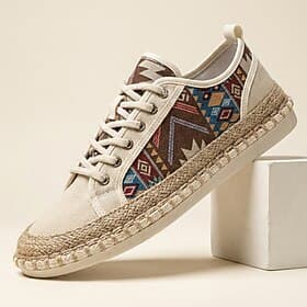 Men's Ethnic Canvas Lace-Up Espadrilles – Breathable Lightweight Casual Sneakers, Boho Tribal Style Walking Shoes for Summer, Beach, Travel and Streetwear