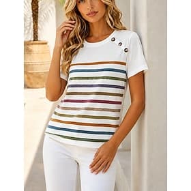 Women's T Shirt Buttons Graphic Striped Vintage Stylish Casual Short Sleeve Crew Neck Regular Tops Casual Daily White Summer Spring