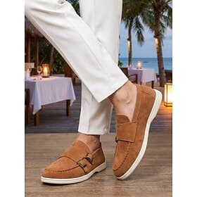Men's Tan Double Monk Strap Loafers - Lightweight Comfort Casual Dress Shoes - Sophisticated Resort Evenings Footwear for Holiday Dinners, Seaside Events and S