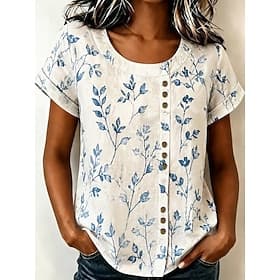 Women's Blouse Buttons Print Floral Graphic Vintage Tropical Stylish Short Sleeve Crew Neck Long Tops Casual Holiday White Light Green Pink Light Blue Summer S