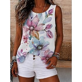 Women's Summer Tops Graphic Plants Bohemia Vintage Tropical Sleeveless Crew Neck Round Neck Regular Tops Casual Blue White Red Rainbow Summer Spring
