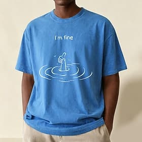 Men's I'm Fine 100 Cotton Acid Wash Heavyweight T-shirt Short Sleeve T shirt DTG Crew Neck Shirt Fashion Daily Holiday Blue Black Red Spring  Summer Clothing A