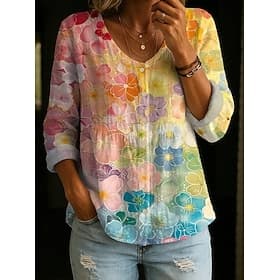 Women's Shirt Ruched Buttons Elegant Bohemia Active V Neck Long Tops Casual Daily Holiday Yellow Summer Spring
