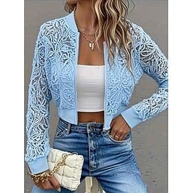 Women's Casual Jacket Lace Jacket Lightweight Lace Embroidered Elegant Embroidery Casual Weekend Zipper Short Crewneck Regular Fit Long Sleeve Outerwear Black