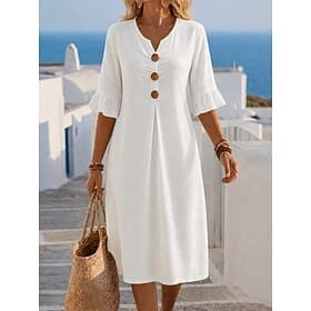 Women's Midi Dress Linen-feel Dresses Shift Dress Casual Daily Loose Fit Plain 3/4 Length Sleeve V Neck Blue Black White Green Summer Spring Fall