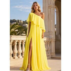 A-Line Floor Length Prom Dresses Elegant Sleeveless One Shoulder Formal Wedding Guest Stretch Chiffon with Ruffles Slit