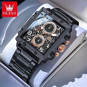 Men's Chronograph Watch Luxury Black Stainless Steel Rectangular Wristwatch Waterproof Luminous Big Face Fashion Sport Business Watch for Men Boys Gifts