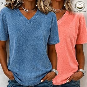SoftFade™ 2PCS Women's 100% Cotton Vintage T-Shirts - Soft Washed Short Sleeve V Neck Basic Tops