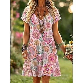 Damen Knielanges Kleid T-Shirt-Kleid A Linie Kleid Urlaub Lässig Boho Strand Normale Passform Blumen Grafik Kurzarm V Ausschnitt Rosa Grün Sommer Frühling