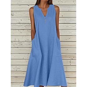 Women's Midi Dress Casual Dress Vest Dress A Line Dress Summer Dress Elegant Basic Classic Daily Vacation Loose Fit Plain Sleeveless V Neck Blue White Yellow O