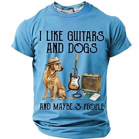 Men's I Like Guitars and Dogs and Maybe 3 People Funny Sarcastic Quote Graphic T-Shirt Musician Pet Lover Short Sleeve Casual Tee Designer Clothing Apparel S M