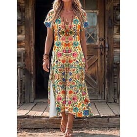 Women's Midi Dress Shift Dress Casual Regular Fit Floral Geometric Short Sleeve V Neck Pink Orange Summer Spring
